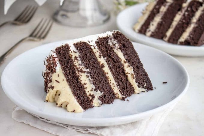 Uma fatia de bolo de camada de chocolate com pudim de baunilha em um prato.